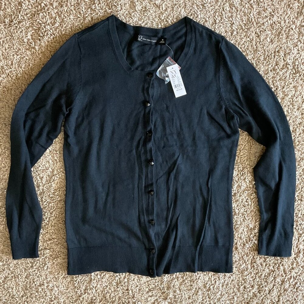 New York & Co Jeweled-Button Chelsea Crewneck Cardigan, Ink Black, Medium, NWT - Picture 2 of 8